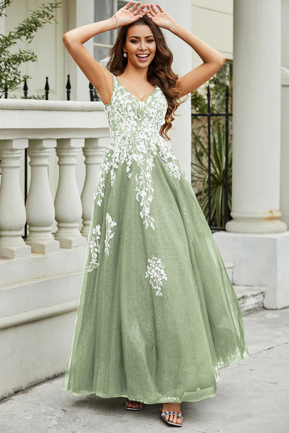 omberprom Elegant Prom Dresses A-Line Plunging V-neck Evening Dress Tulle Gown