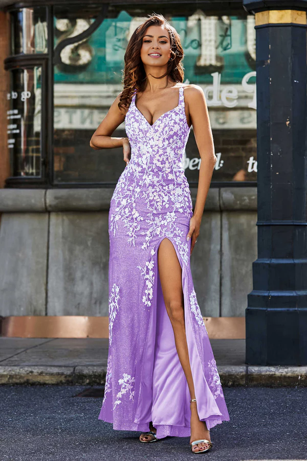omberprom Elegant Prom Dresses Lace Applique Evening Dress Tulle Dress with High Slit