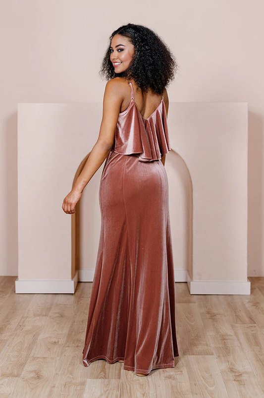 omberprom Elegant Velvet Dress Ruched Formal Dress for Wedding Guest Prom Dresses
