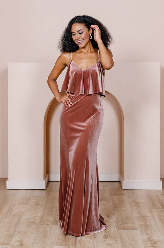 omberprom Elegant Velvet Dress Ruched Formal Dress for Wedding Guest Prom Dresses