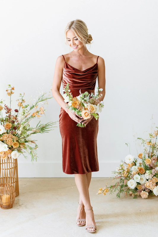 omberprom Elegant Velvet Dress Ruched Formal Dress for Wedding Guest Evening Dress