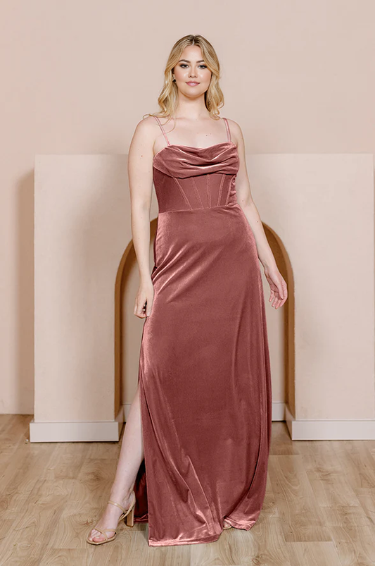 omberprom Elegant Velvet Dress Prom Dresses Ruched Formal Dress for Wedding Guest