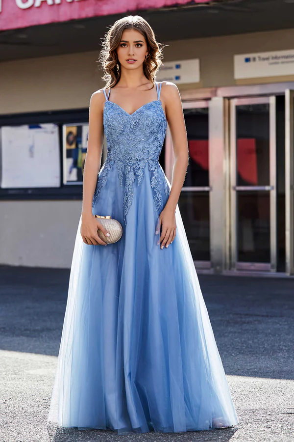 omberprom Elegant A Line Evening Dress Lace Applique Bodice Prom Dresses Tulle Dress