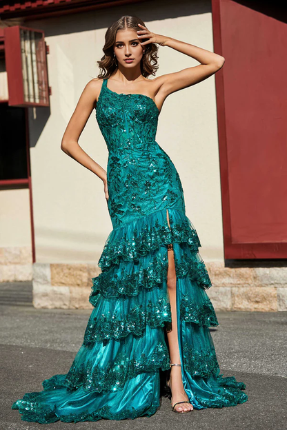 omberprom Evening Dress Elegant High Slit Ruffle Tiered Skirt Tulle Dress Prom Dresses