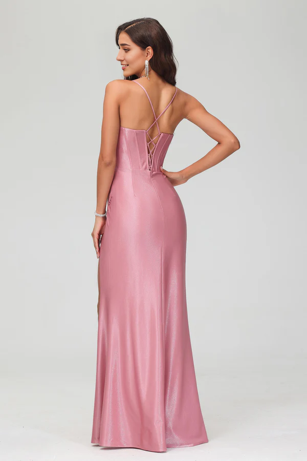 omberprom Elegant Evening Dress Spaghetti Straps Long Prom Dresses Glitter Dress With Slit