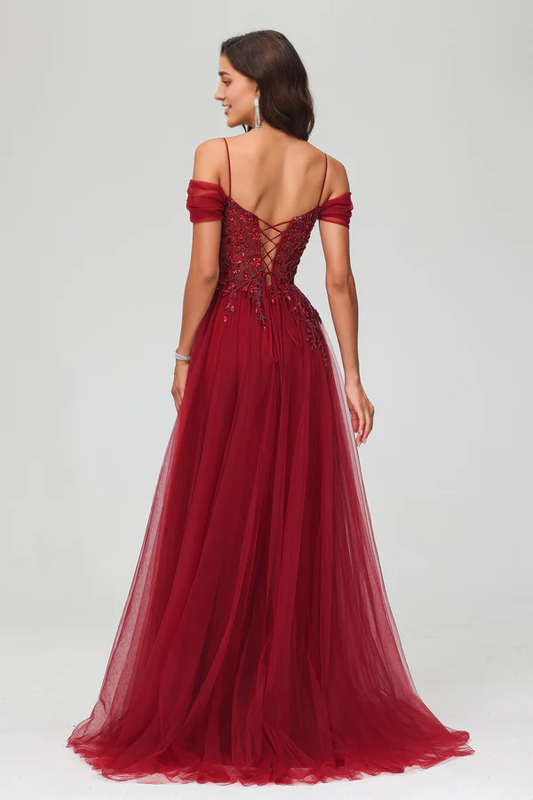 omberprom A-Line Elegant Prom Dresses Off the Shoulder Beaded Tulle Dress Evening Dress With Train