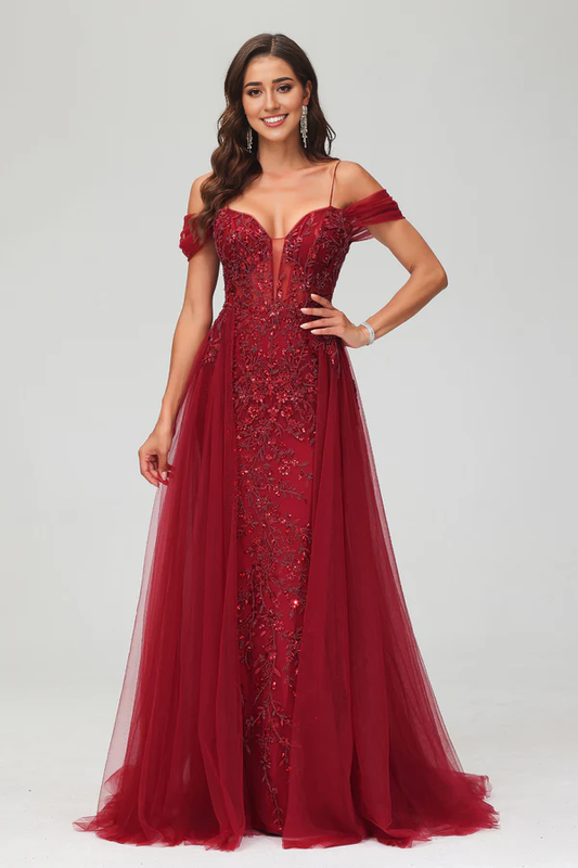 omberprom A-Line Elegant Prom Dresses Off the Shoulder Beaded Tulle Dress Evening Dress With Train