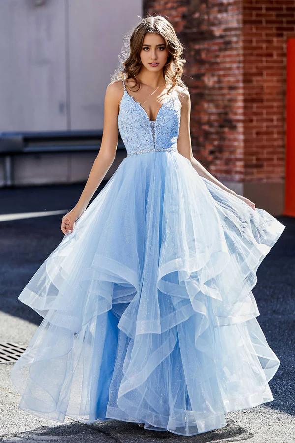 omberprom Elegant Evening Dress Ruffle Ruched Plunging V Neck Prom Dresses Tulle Dress