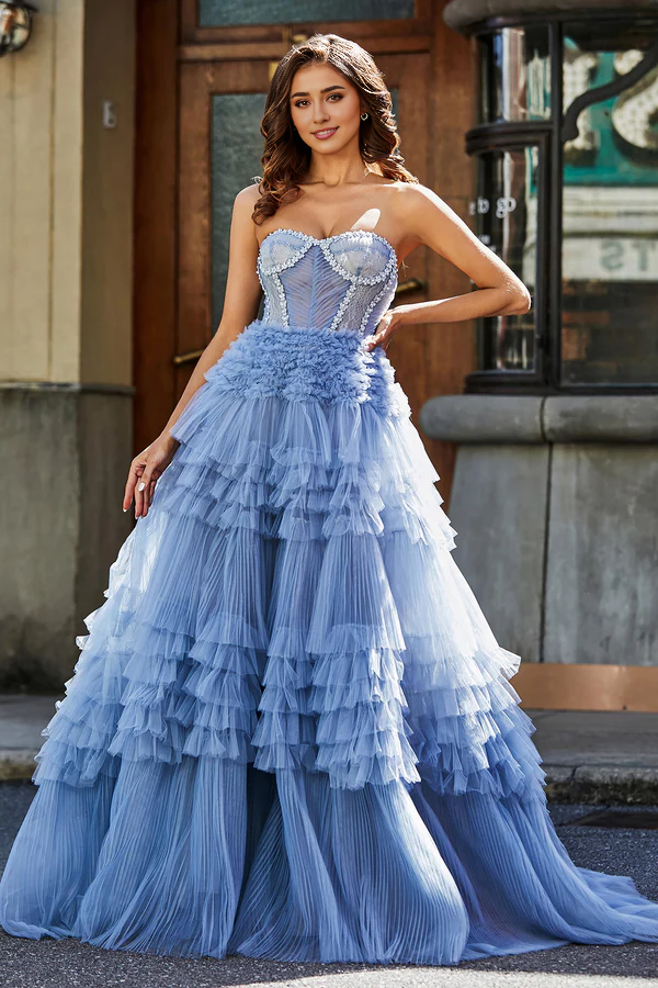 omberprom Elegant Prom Dresses Strapless Corset Bodice Ruffle Tiered Tulle Dress Evening Dress