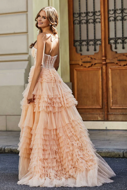 omberprom Elegant Prom Dresses Sweetheart Corset Bodice Tiered Tulle Evening Dress