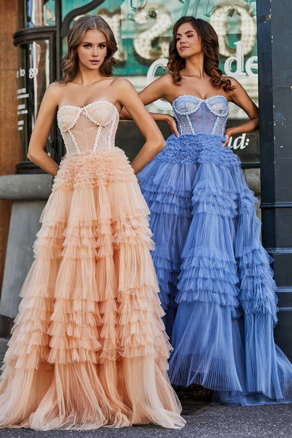 omberprom Elegant Prom Dresses Sweetheart Corset Bodice Tiered Tulle Evening Dress