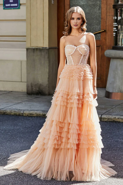 omberprom Elegant Prom Dresses Sweetheart Corset Bodice Tiered Tulle Evening Dress