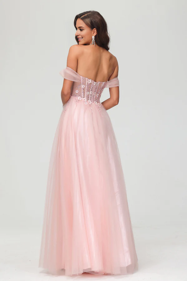 omberprom Elegant Applique Tulle A-Line Long Prom Dress Sweet Princess Dress With Slit