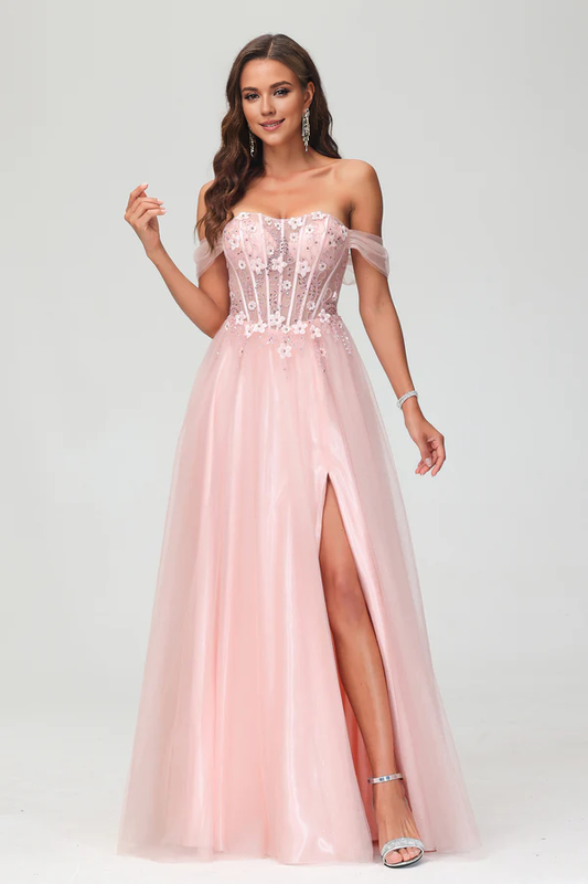 omberprom Elegant Applique Tulle A-Line Long Prom Dress Sweet Princess Dress With Slit