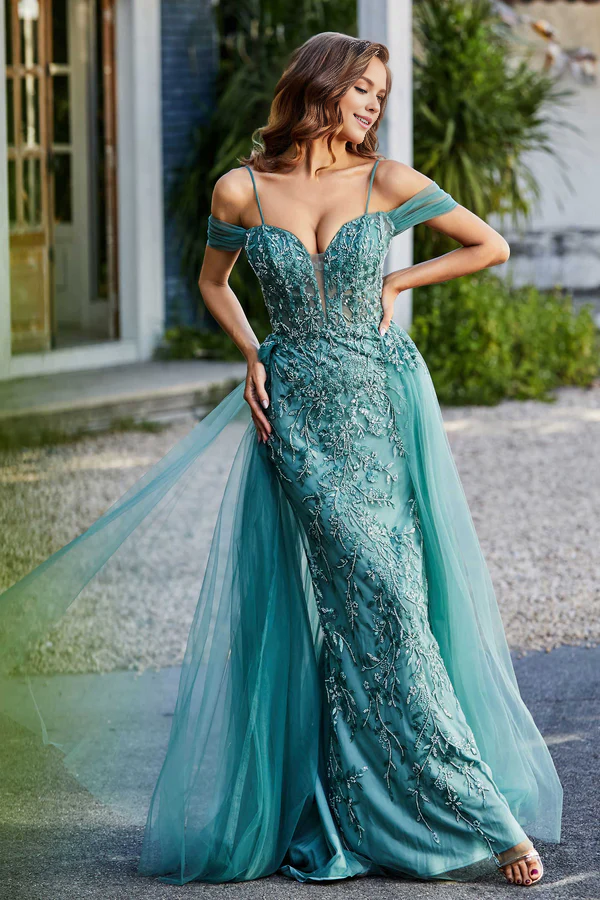 omberprom Elegant A-Line Prom Dresses Off Shoulder Sweep Train Tulle Dress Charming Evening Dress