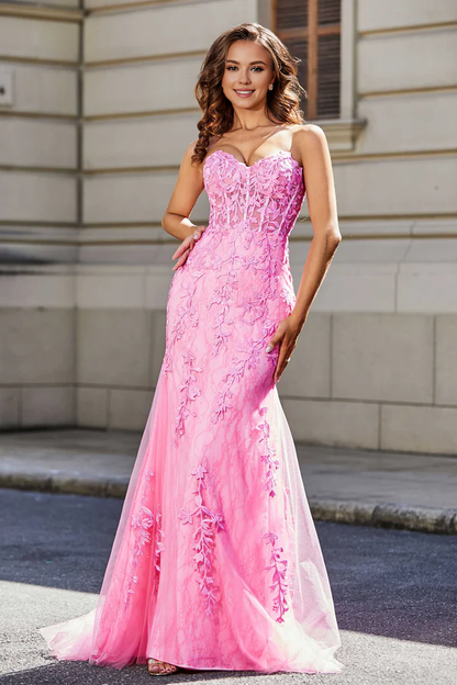 omberprom Elegant Pink Evening Dress Lace Applique Corset Bodice Tulle Dress Prom Dresses