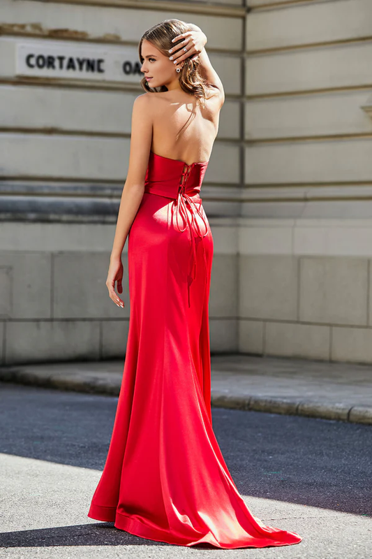omberprom Elegant Long Prom Dresses Strapless Lace Up Back Satin Gown Evening Party Dress