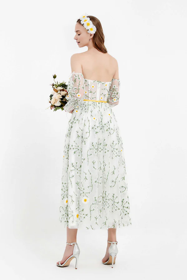 omberprom Fashion Elegant Evening Dress Puffy Sleeves Prom Dresses Off Shoulder Floral Lace Dress