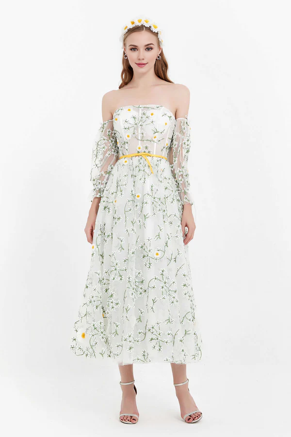 omberprom Fashion Elegant Evening Dress Puffy Sleeves Prom Dresses Off Shoulder Floral Lace Dress