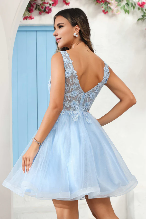 omberprom Elegant A-Line Party Dress Deep V Neck Short Prom Dresses Graduation Dress