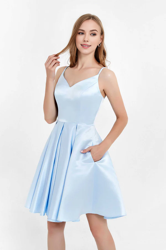 omberprom Elegant Evening Dress Princess Short Prom Dresses Simple Satin Dress with Pockets