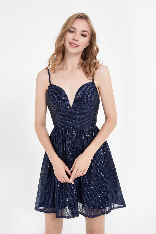 omberprom Fashion A Line Spaghetti Straps Sequin Homecoming Dresses Sweetheart Neck Short Prom Dress