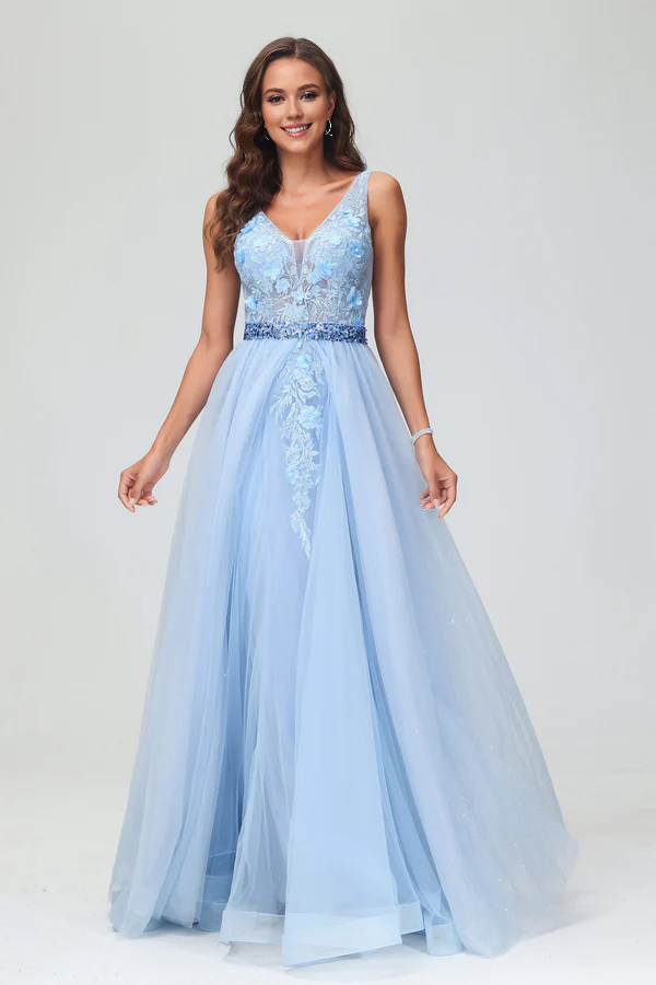 omberprom Elegant Prom Dresses Sleeveless Deep V-neck A-Line Sweep Train Tulle Gown