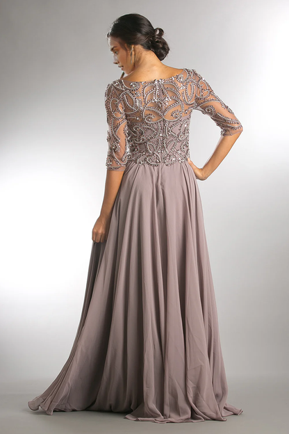 omberprom Elegant Beaded 3/4 Sleeve V-Neck Chiffon Gown Evening Dress