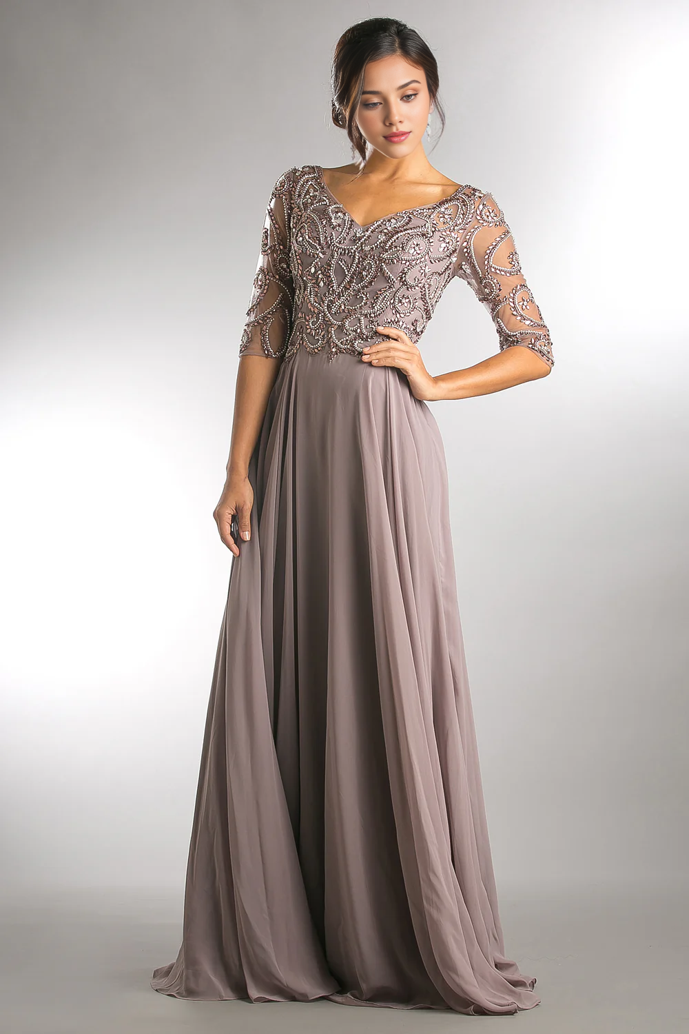 omberprom Elegant Beaded 3/4 Sleeve V-Neck Chiffon Gown Evening Dress