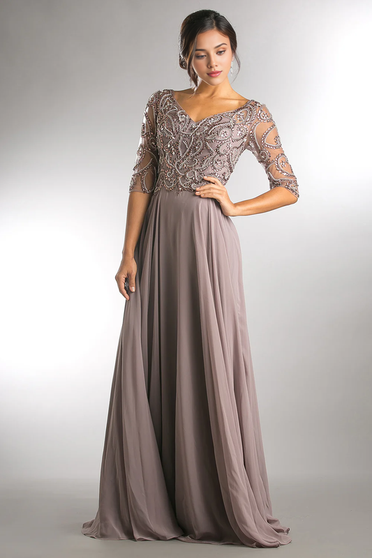 omberprom Elegant Beaded 3/4 Sleeve V-Neck Chiffon Gown Evening Dress