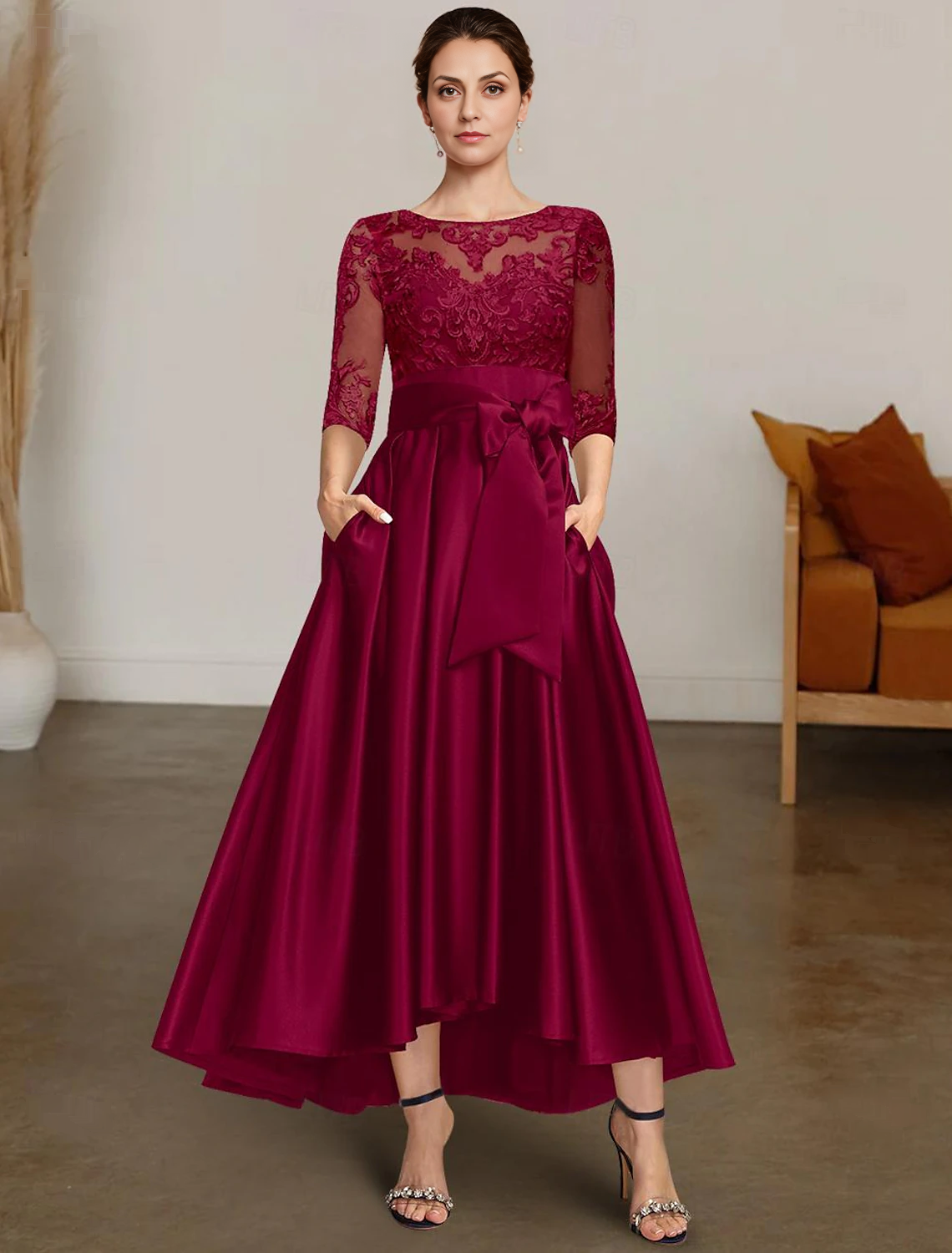 omberprom A-Line Chrismas Dress Mother of the Bride Dress Formal Wedding Guest Elegant High Low Bateau Neck Asymmetrical Satin Lace 3/4 Length Sleeve with Lace Sash / Ribbon