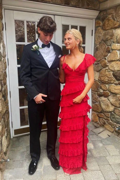 omberprom Elegant Red Lace Long Prom Dress Tiered Evening Dresses Graduation Gown
