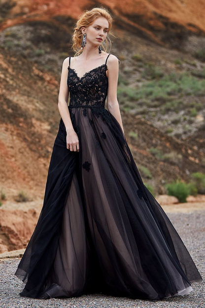 omberprom Spaghetti Straps Black Wedding Dress with Color Lace Applique A-line Bridal Dress vestido de fiesta largos de gala