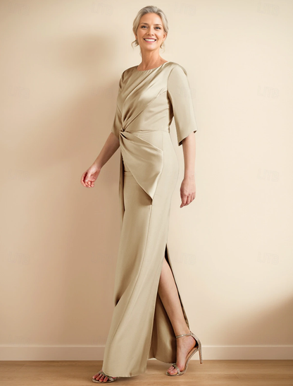 omberprom Sheath / Column Dress Mother of the Bride Dress Elegant Jewel Neck Ankle Length Satin Half Sleeve with Ruched