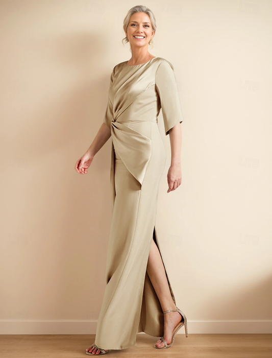 omberprom Sheath / Column Dress Mother of the Bride Dress Elegant Jewel Neck Ankle Length Satin Half Sleeve with Ruched