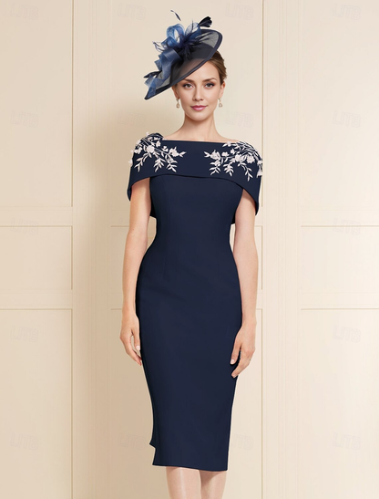 omberprom Elegant Sheath / Column Mother of the Bride Dress Elegant Simple Off Shoulder Tea Length Short Sleeve Evening Party Dress