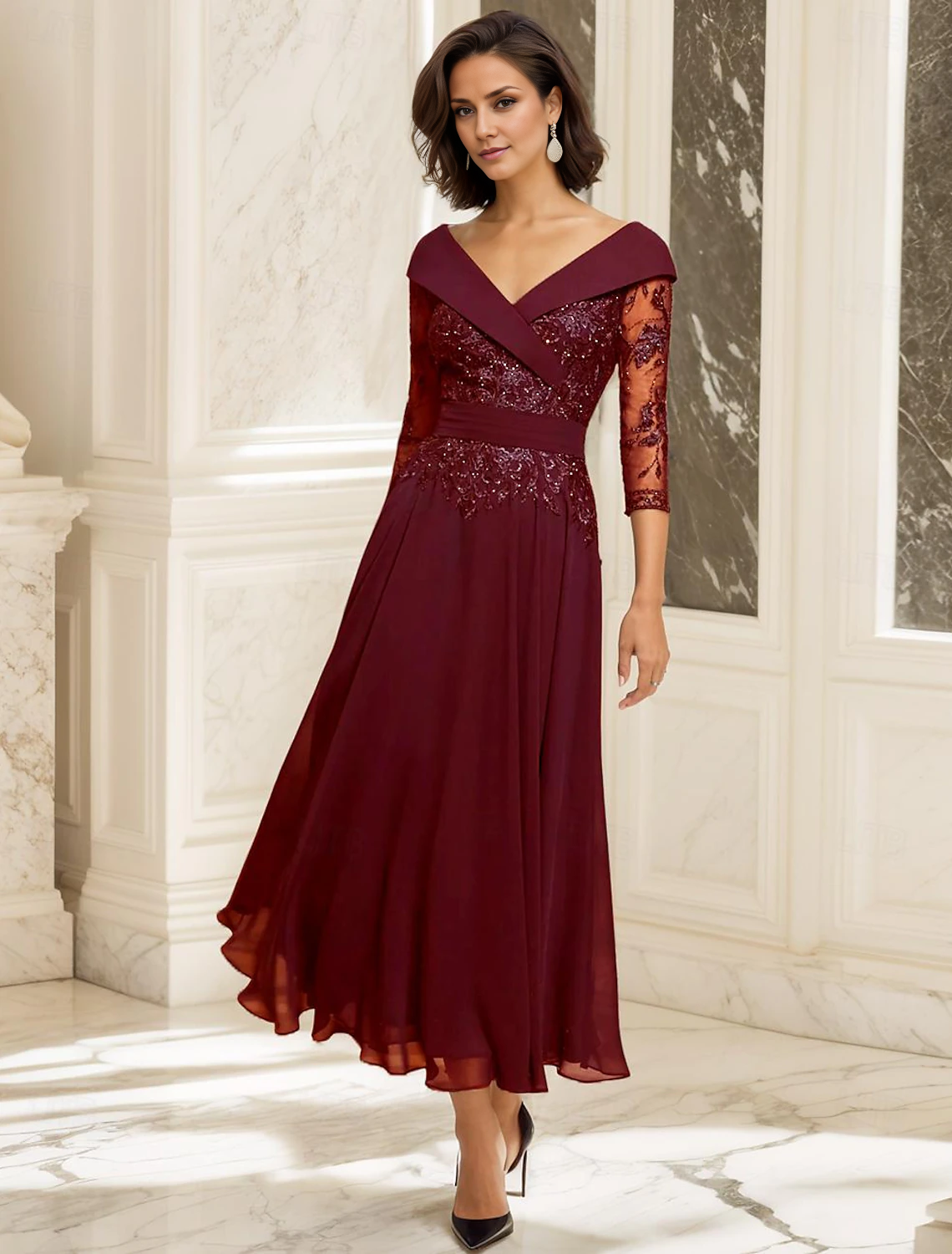 omberprom A-Line Mother of the Bride Dress Wedding Guest Elegant Sweetheart Ankle Length Chiffon 3/4 Length Sleeve with Lace