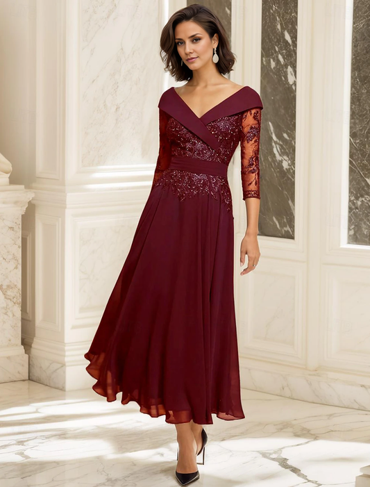 omberprom A-Line Mother of the Bride Dress Wedding Guest Elegant Sweetheart Ankle Length Chiffon 3/4 Length Sleeve with Lace