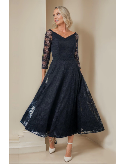 omberprom A-Line Mother of the Bride Dress Elegant V Neck Tea Length Lace 3/4 Length Sleeve with Lace