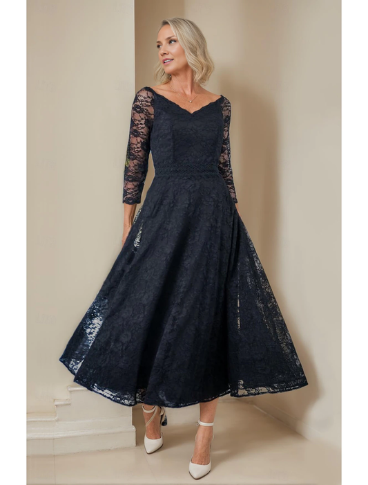 omberprom A-Line Mother of the Bride Dress Elegant V Neck Tea Length Lace 3/4 Length Sleeve with Lace