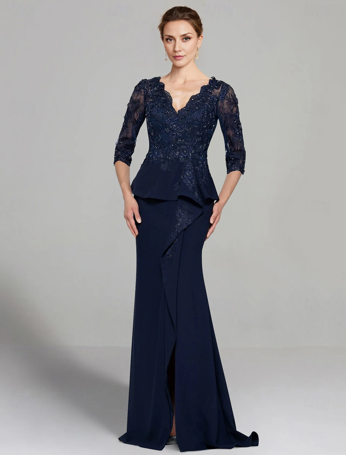 omberprom Sheath / Column Dress Mother of the Bride Dress Elegant V Neck Floor Length 3/4 Length Sleeve with Lace Pleats