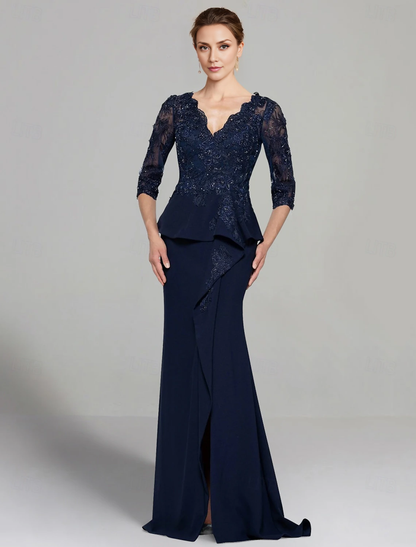 omberprom Sheath / Column Dress Mother of the Bride Dress Elegant V Neck Floor Length 3/4 Length Sleeve with Lace Pleats