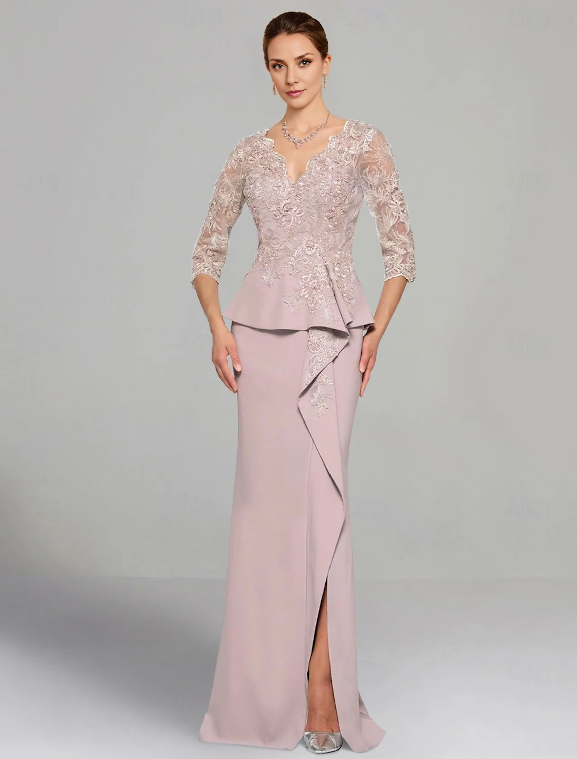 omberprom Sheath / Column Dress Mother of the Bride Dress Elegant V Neck Floor Length 3/4 Length Sleeve with Lace Pleats