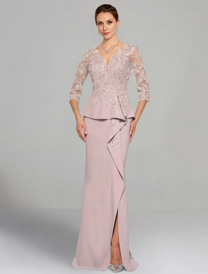 omberprom Sheath / Column Dress Mother of the Bride Dress Elegant V Neck Floor Length 3/4 Length Sleeve with Lace Pleats