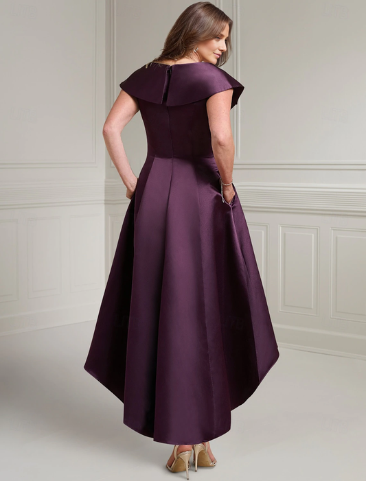 omberprom Purple A-Line Mother of the Bride Dress Elegant Vintage V Neck Asymmetrical Satin Short Sleeve with Buttons
