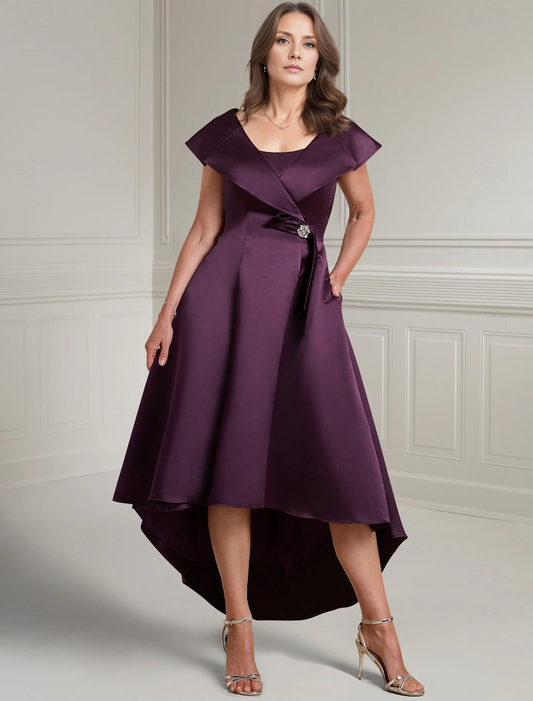 omberprom Purple A-Line Mother of the Bride Dress Elegant Vintage V Neck Asymmetrical Satin Short Sleeve with Buttons