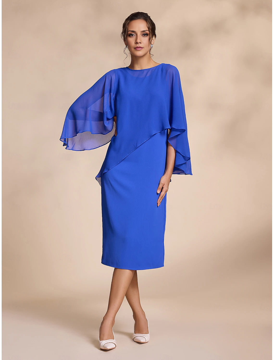 omberprom Elegant Blue Chiffon Causal Round Sleeve Mother of the Bride Dress Wedding Guest Dress Party Dress