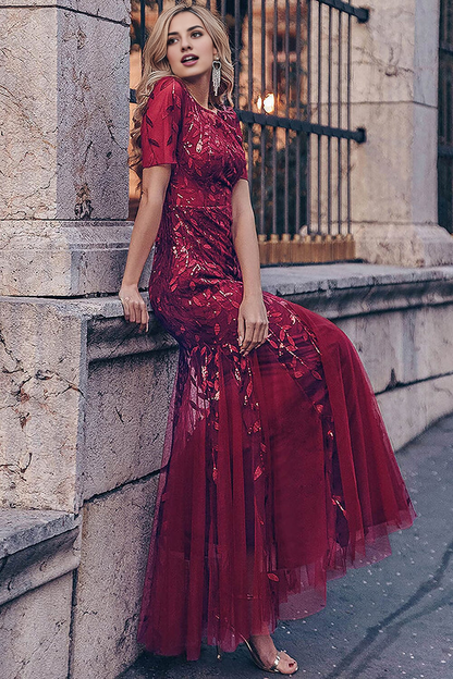 omberprom Elegant Formal Dresses Applique Fitted Short Sleeve Dresses Gowns Evening Dresses