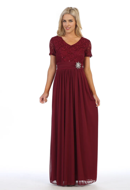 omberprom Elegant Mother Of Bride Dresses Long Lace Bodice Dress with Short Sleeves Gowns Evening Dresses