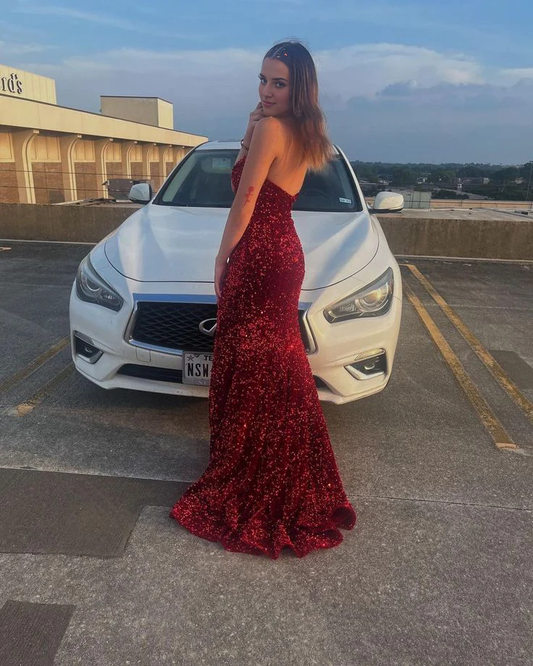 omberprom Elegant Formal Dresses Strapless Red Sequin Formal Dresses Mermaid Sparkly Prom Dress